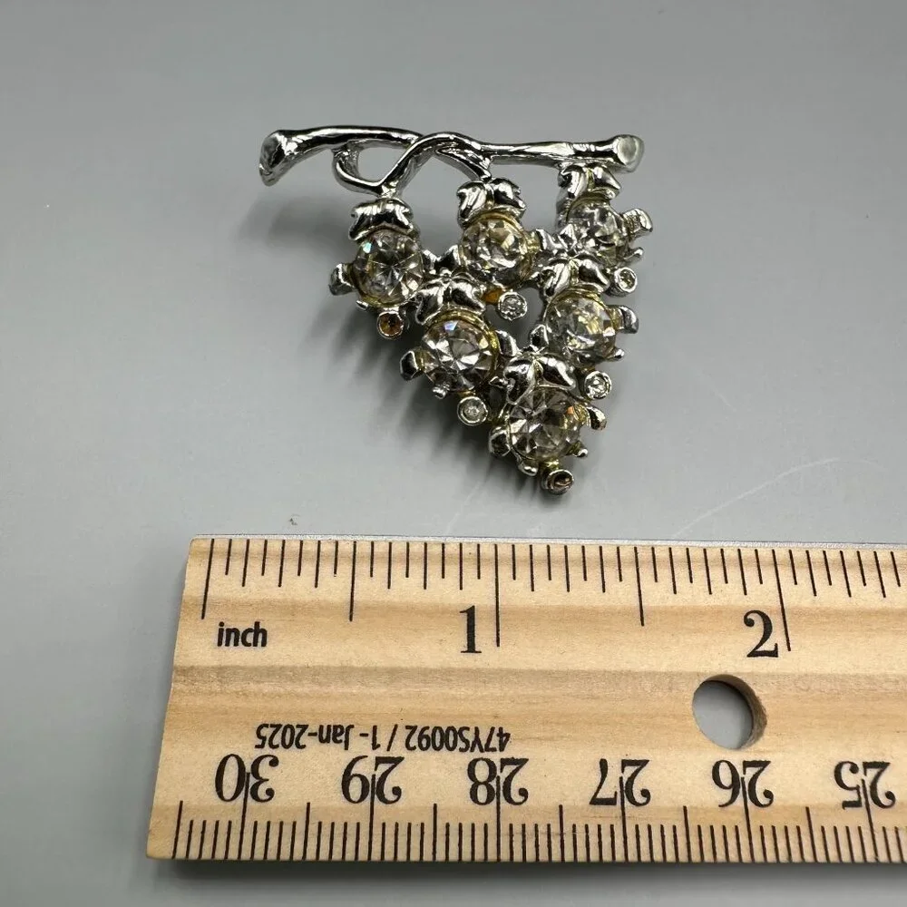 3/$30 Vintage Rhinestone Grape Cluster Brooch Silver Tone Fruit Statement Pin